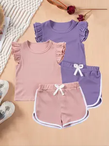 Toddler Girl's Solid Ruffle Trim Top & Shorts Set, Cute Casual Round Neck Short Sleeve T-shirt & Shorts, Summer Clothes for Kids Outfits Clothing