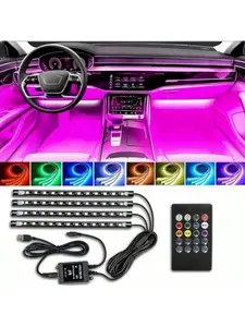 Car LED Strip Lights 4Pcs 48 LED Interior Multicolor Music Car Strip Light Under Dash Lighting Kit with Sound Active Function Remote Controller DC 12V Dual Mode RGB Foot Lights