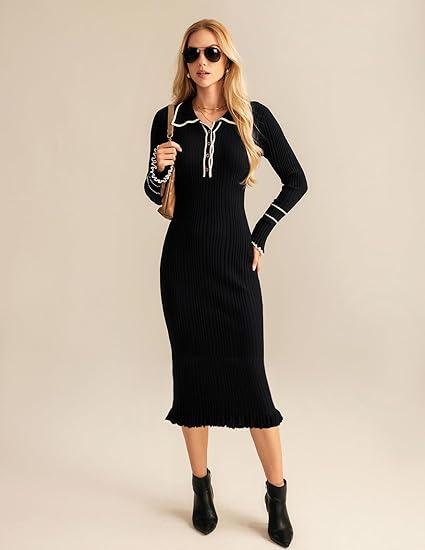 GRACE KARIN Women's Long Sleeve Sweater Dress ElegantSlim Fit V Neck Bodycon Pencil Knit Dress