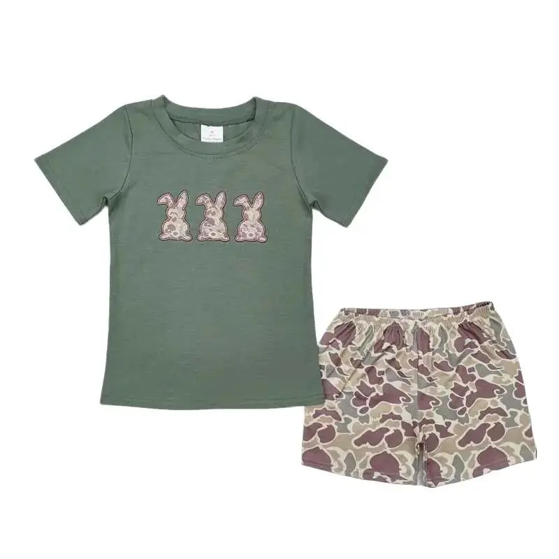 Boys' 2-Piece Clothing Set, Toddler Easter Outfit with Camo Print and Embroidered Bunny, Casual Long Sleeve Top & Pants, Casual Set