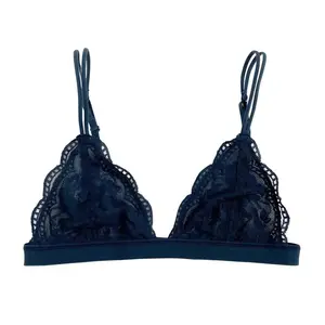 Navy Blue Triangle Floral Lace Bralette - Unpadded, Wire-Free, Adjustable Straps