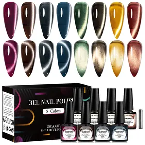 8 Colors Magnetic Soak Off Gel Nail Polish Set, 8 Counts Long-Lasting Cat Eye Effect Gel Nail Varnish & 1 Count Magnetic Stick, DIY Nail Art Supplies for Women & Girls