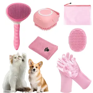 All-in-One Pet Grooming Kit Bath Soap Dispenser Massage Brush,Self-Cleaning Deshedding Brush & Nail Clippers with Soft Bristles for Dogs and Cats - At-Home Shedding Control Grooming Set Pink/Blue 12 or 6pcs