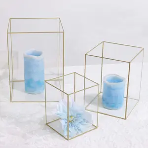 Set of 3 Acrylic Pillar Candle Holders 6", 8", 10" Clear Flower Display Boxes with Gold Rims - Decorative Centerpieces