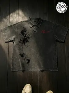 Unisex 100% Cotton Washed Charcoal Oversized Graphic Polo Shirt | Black Red Spider Lily Print + Red Script Print Dark Japanese Alt Casual Streetwear Top