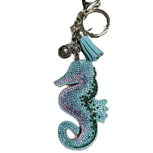 Pink and Blue Seahorse Bag Charm or Keychain with Sparkling Rhinestones and Tassel Accents