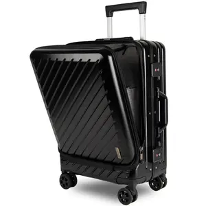 22-Inch Aluminum Framed Carry-On Luggage with front Laptop Compartment, zipperless compartment , 100% PC Hardshell Suitcase, with USB Port, keychain - Black