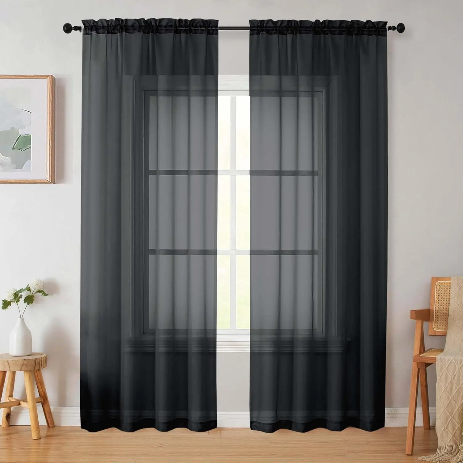 Black Sheer Curtains 84” 2 Panels, Soft Airy Light Filtering Drapes, Modern Rod Pocket Window Decor for Bedroom Living Room