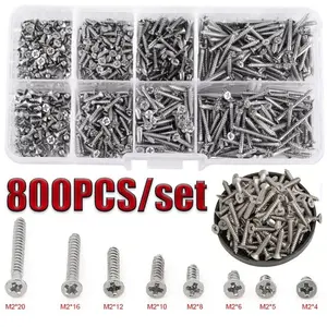 800pcs M2 Carbon Steel Nickel Plated Silver Color Self-Tapping Screws Set, High-End Combination Kit, Mixed Pack, Durable Fasteners