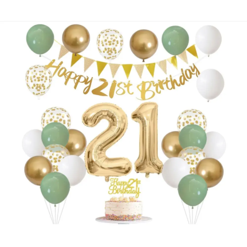 21st Birthday Party Decorations Set - Sage Green, White, Metallic Aluminium Gold Balloons Kit with Happy Birthday Banner, 21 Foil Balloon, Cake Topper, Photo-Worthy Supplies for 21-Year-Old Celebrations