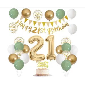 21st Birthday Party Decorations Set, Sage Green White Gold Balloons Kit, Happy Birthday Banner With Number 21 Foil Balloon & Cake Topper, Perfect Party Supplies for Men Women 21 Years Old Celebration