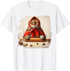 Pierogi Lover Babushka Cat Polish Cuisine Cat Making Pierogi T-Shirt