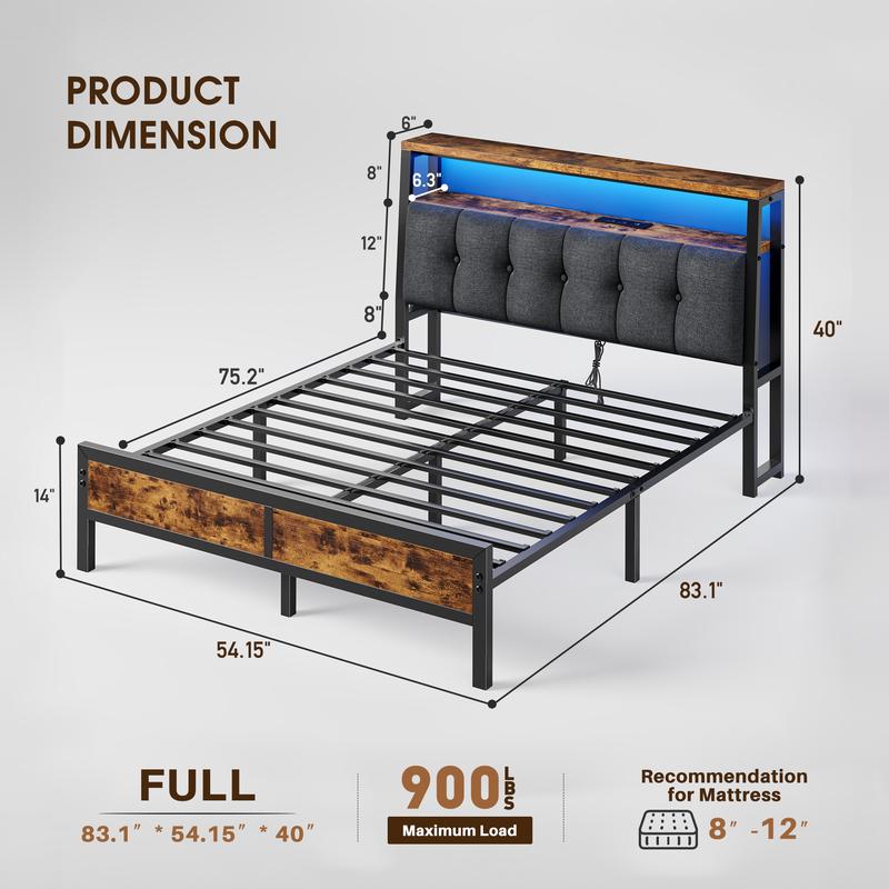 Raybee LED Bed Frame with Charge Station for Queen, Full, King, Platform Bed Frame with Upholstered Ergonomic Heardboard , 2 Tiers of Shelves & 12" Underbed Storage, Industrial Modern Bedroom Furniture, 1000lbs Capacity with Metal Slats & Frame, Black Raybee LED Bed Frame with Charge Station for Queen, Full, King, Platform Bed Frame with Upholstered Ergonomic Heardboard , 2 Tiers of Shelves & 12" Underbed Storage, Industrial Modern Bedroom Furniture, 1000lbs Capacity with Metal Slats & Frame, Black