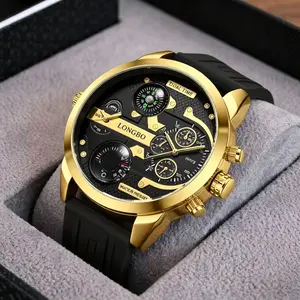 Black Gold Multifunctional Men's Watch TrendyBusiness Timing Quartz Watch DualTime Zone Waterproof Night Light Watch Silicone Strap Large Dial Personalized Sports Men's Watch Light Luxury Luxury Luxury Versatile Men's Watch Gift for Boyfriend FashionWatch