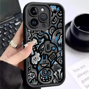 Personality Graffiti Pattern Case for iPhone 16 15 14 Pro Max 13 12 11 XR XS Plus Shockproof Full Camera Protection Durable slim Silicone Cover Protective Smartphone Screen Protector Cellphone