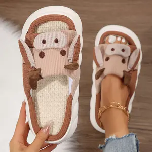 Comfy Women's Cartoon Cow Shape Home Slippers - Soft Linen Fabric with Thick Bottoms