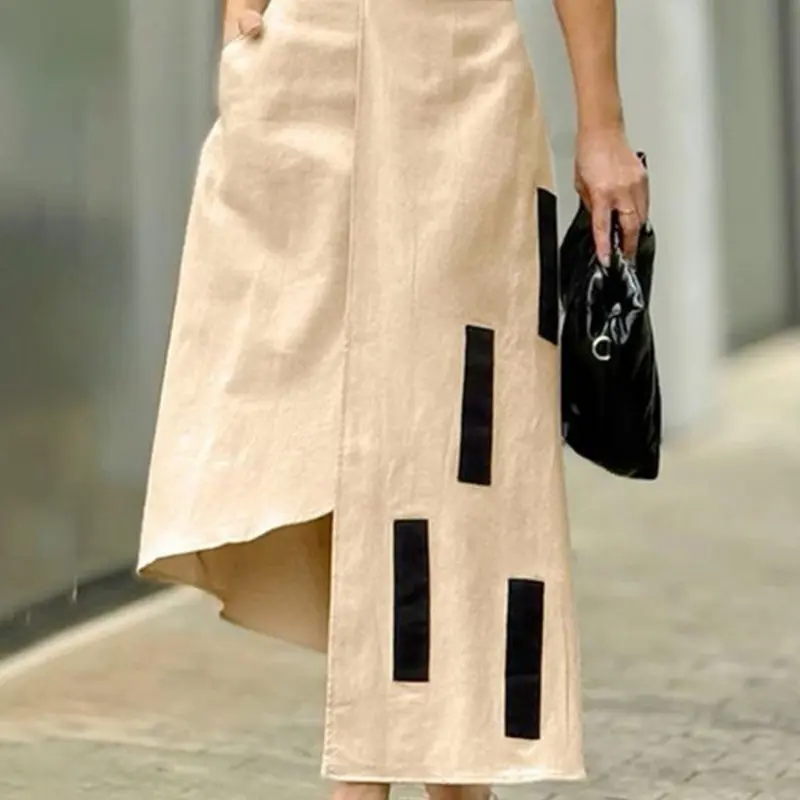 Women's Pocket Asymmetrical Skirt Fabric, Elastic Waist Skirt, Lightweight Casual Fashion Style A Line Long Skirt for Daily Wear, Ladies Summer Bottoms, Womenswear, Skirt With Pockets
