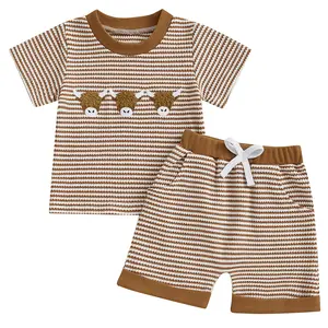 Western Toddler Baby Boy Summer Clothes Bull Head Embroidery Short Sleeve T-shirt Striped Shorts Infant 2pcs Waffle Outfits Set