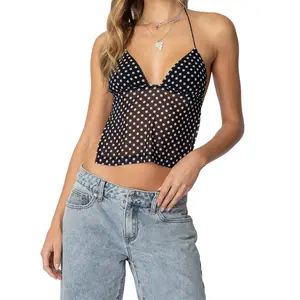 Women's Halter Neck Cami Tops Sleeveless Open Back V NeckFit Dot Print Tank Tops