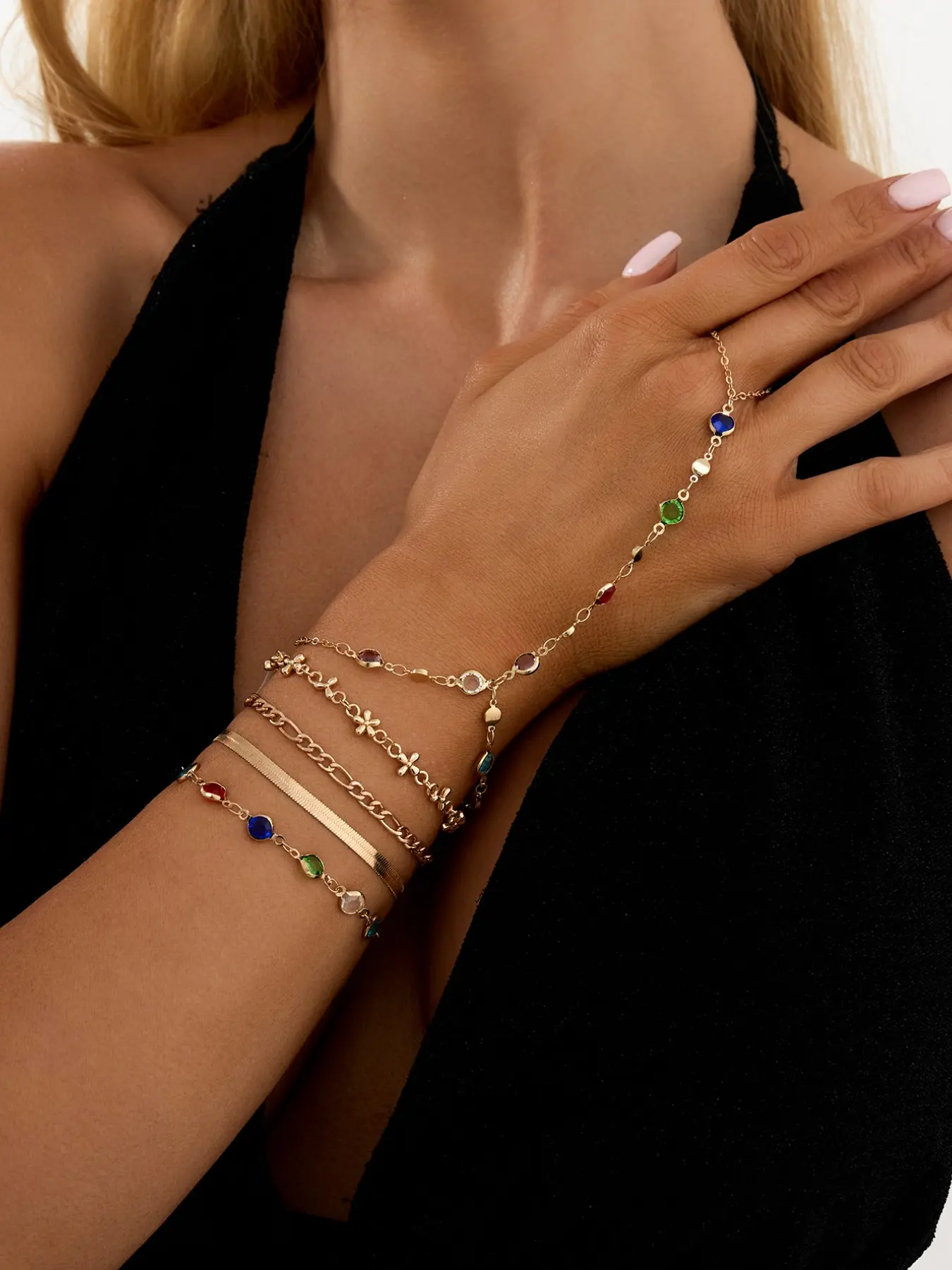 5-Piece French Luxury Colorful Gemstone Bracelet Set, Stacking Bracelet, Exquisite Bracelet, Elegant Jewelry Bracelet, Snake Chain, Beaded Bracelets, Link Bracelets, Beaded Bracelet Sets, Perfect for Office, Dates, Gifts
