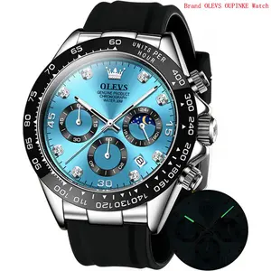Brand OLEVS Men's Watches Chronograph Multifunction Sport Silicone Luxury Diamond Moon Phase Quartz Male Watch Waterproof Wrist Watch -