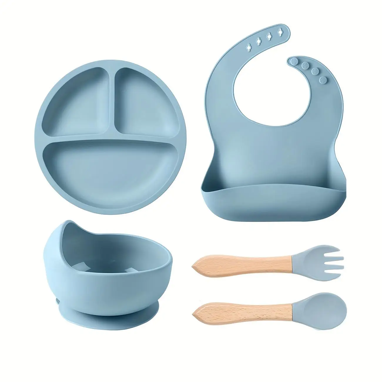 Baby Silicone Feeding Set, 5 Counts/set Including Bib, Bowl, Plate, Spoon & Fork, Baby Dinnerware Set, Baby Tableware Set, Mold Bowl
