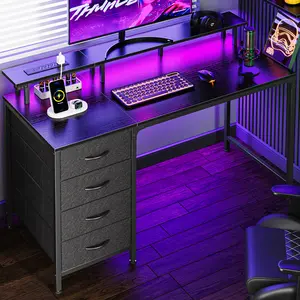 Huuger Computer Desk with Power Outlets and LED Lights, Gaming Desk with 4 Drawers, Office Desk with Monitor Stand, USB-C Port Huuger Computer Desk with Power Outlets and LED Lights, Gaming Desk with 4 Drawers, Office Desk with Monitor Stand, USB-C Port