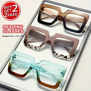 Women's large-frame ultra-wide blue light blocking fashionable thick square reading glasses 3-piece set Leopard Pattern Eyeglasses