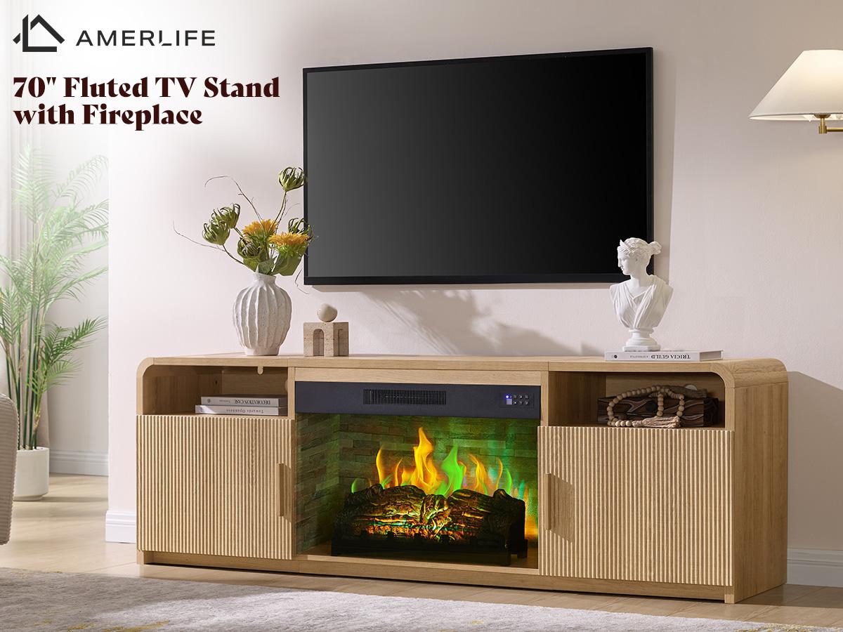 AMERLIFE 70" Fluted Fireplace TV Stand for TVs Up to 80", Modern TV Console with 30" Electric Fireplace & Storage Cabinets, Media Entertainment Center for Living Room
