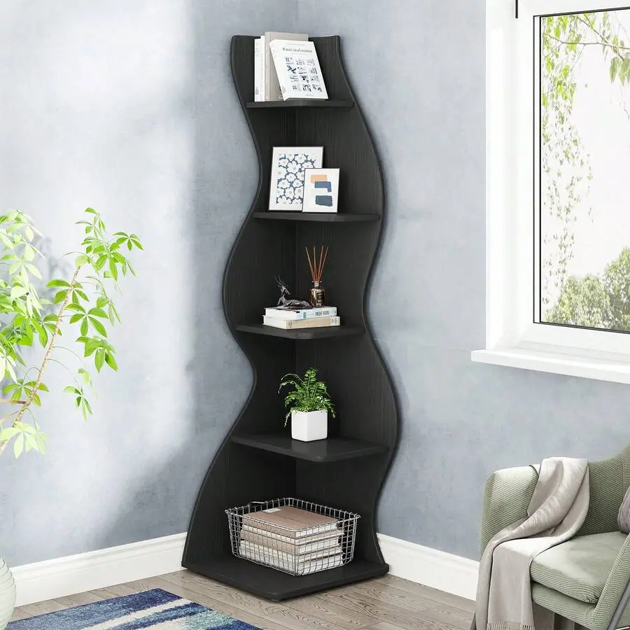 70in Black Upgraded 5-Layer Wood Corner Shelf - Irregular Form, Modern Simplicity Design, Multi-Functional Decor, Display Cabinet, Indoor Plant Stand, Easy to Install, Suitable for Living Room