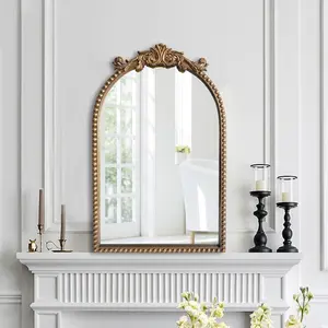 Arched Mirror, 20"x32" Ornate Beaded Frame Mirror, Metal Decorative Accent Mirrors for Fireplace Bedroom Bathroom Living Room Entryway
