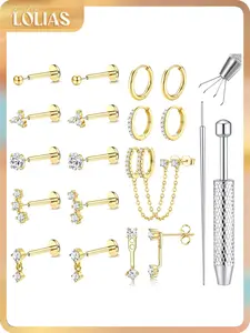 LOLIAS 16G/18G/20G Flat Back Earrings for Women Threadless Surgical Steel Stud Hoop Earrings Push in Nose Studs Hypoallergenic CZ Cartilage Earring Set Labret Helix Tragus Conch Piercing Jewelry