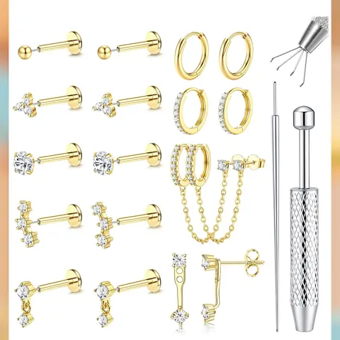 LOLIAS Hypoallergenic Threadless Surgical Steel Earrings Set for Women, 16G/18G/20G Flat Back CZ Studs, Non Tarnish Stainless Steel Jewelry, Nose Piercing Push-In & Conch Piercing Ear Accessories (Helix/Tragus/Labret)