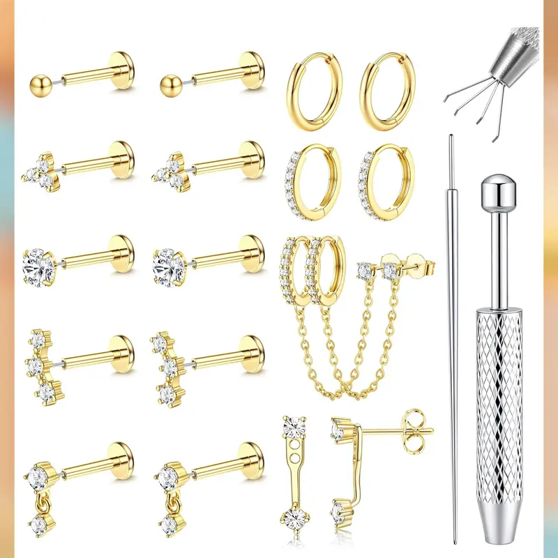LOLIAS Hypoallergenic Threadless Surgical Steel Earrings Set for Women, 16G/18G/20G Flat Back CZ Studs, Non Tarnish Stainless Steel Jewelry, Nose Piercing Push-In & Conch Piercing Ear Accessories (Helix/Tragus/Labret)