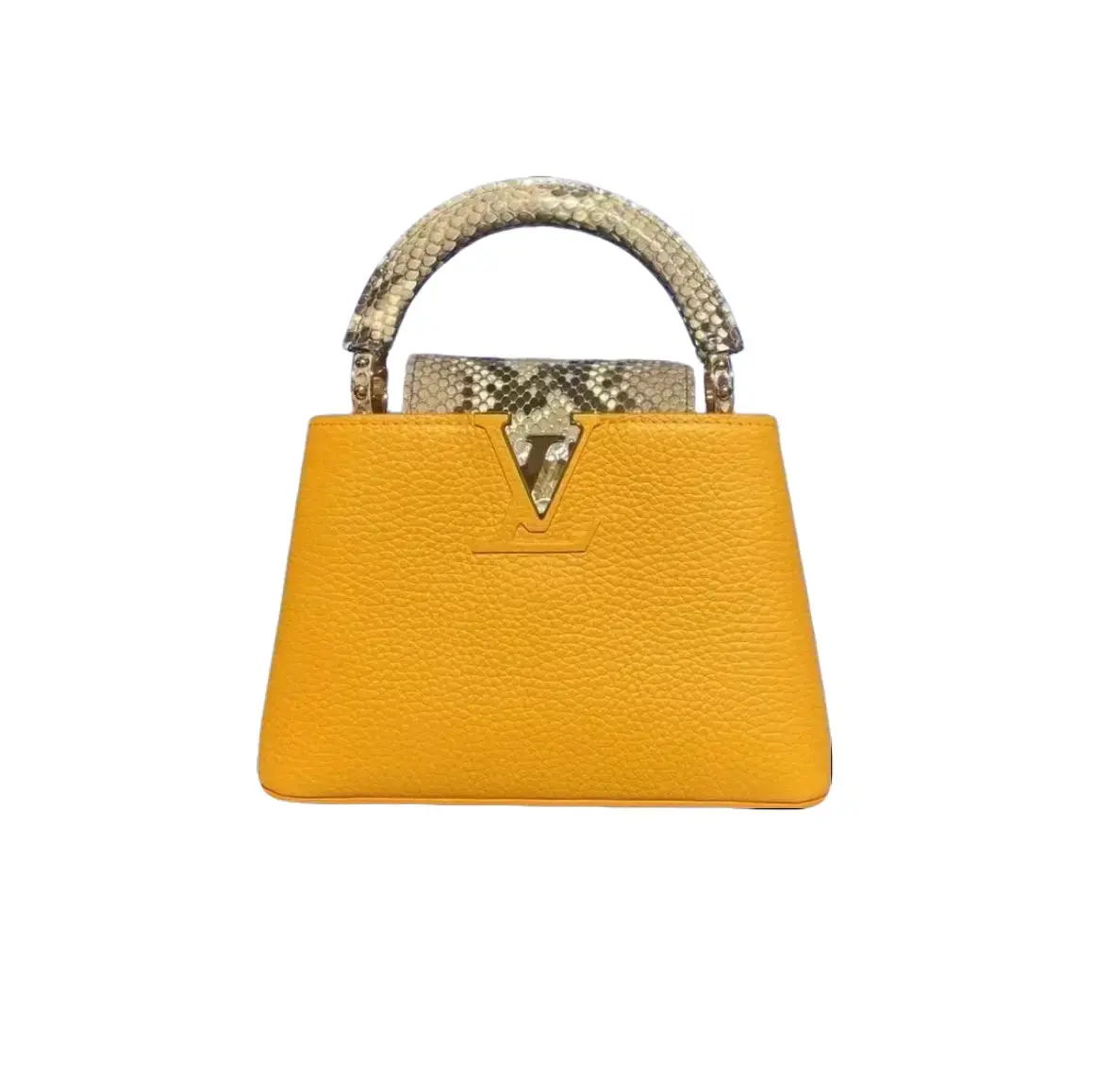 Pre-owned Louis Vuitton Capucines Mini Mango Yellow Taurillon Leather Handbag Python Leather Trim Gold Tone Hardware Detachable Adjustable Strap 2503657