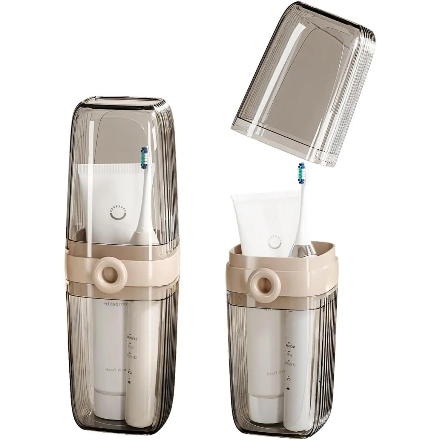2-in-1 Travel Toothbrush Holder and Rinse Cup, Portable Toothbrush Travel Case with Cover, Large Capacity Toothbrush Storage Cup for Travel, Camping, Business Trips & Home, 1 Pack, Beige/Clear
