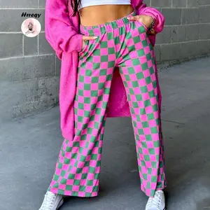 Women Wide-Leg Pants Checkerboard Elastic Waist Loose Trousers Spring Summer Casual Sweatpants Bottoms