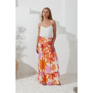 Calinda Orange Abstract Tiered Maxi Skirt