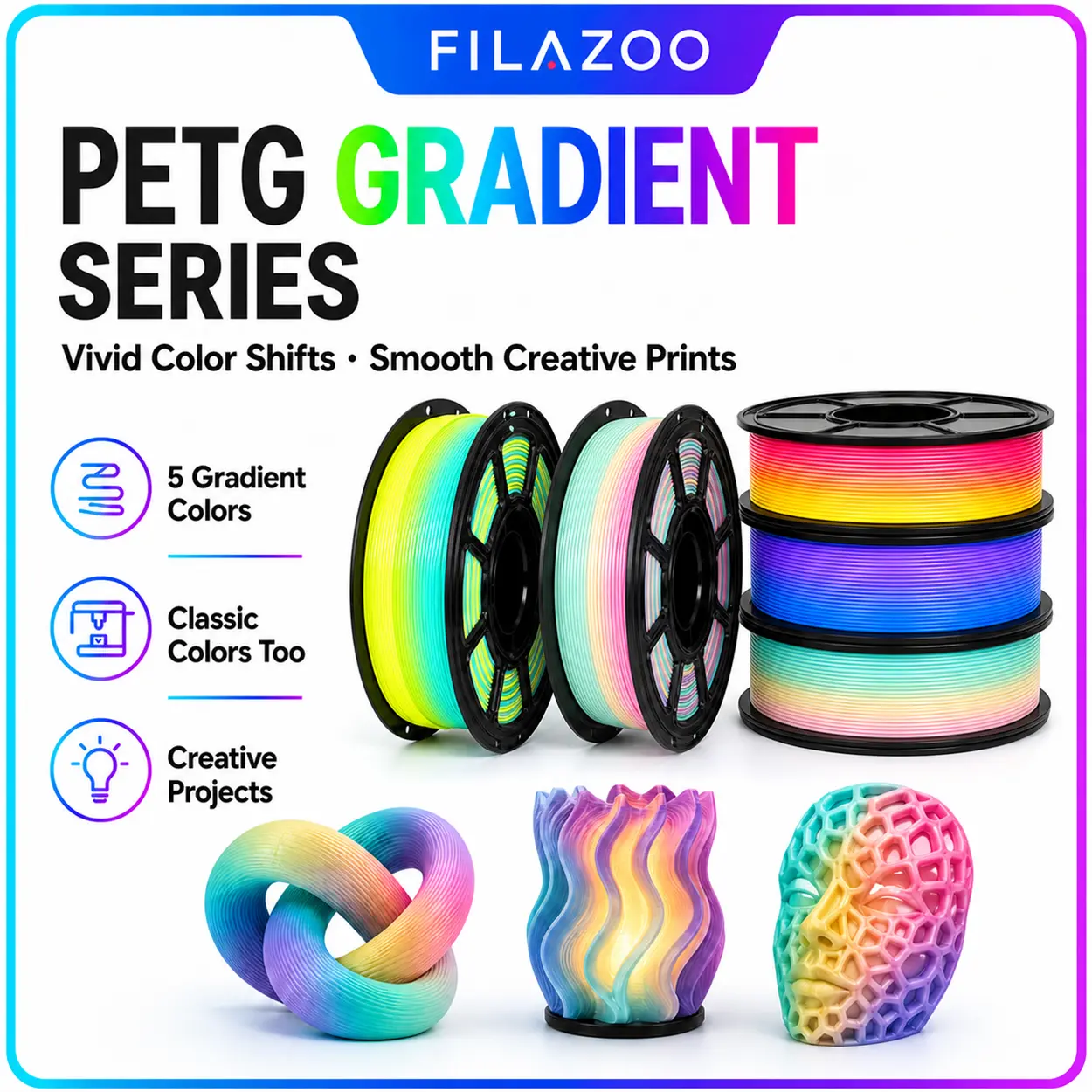 FILAZOO Gradient Rainbow PETG Filament 1.75mm, 1KG Spool, Multicolor Color-Shift 3D Printer Filament for FDM Printers, Smooth Color Transitions for Home Decor, Vases, Models, DIY Crafts and Creative Projects, Plus Classic Solid Colors
