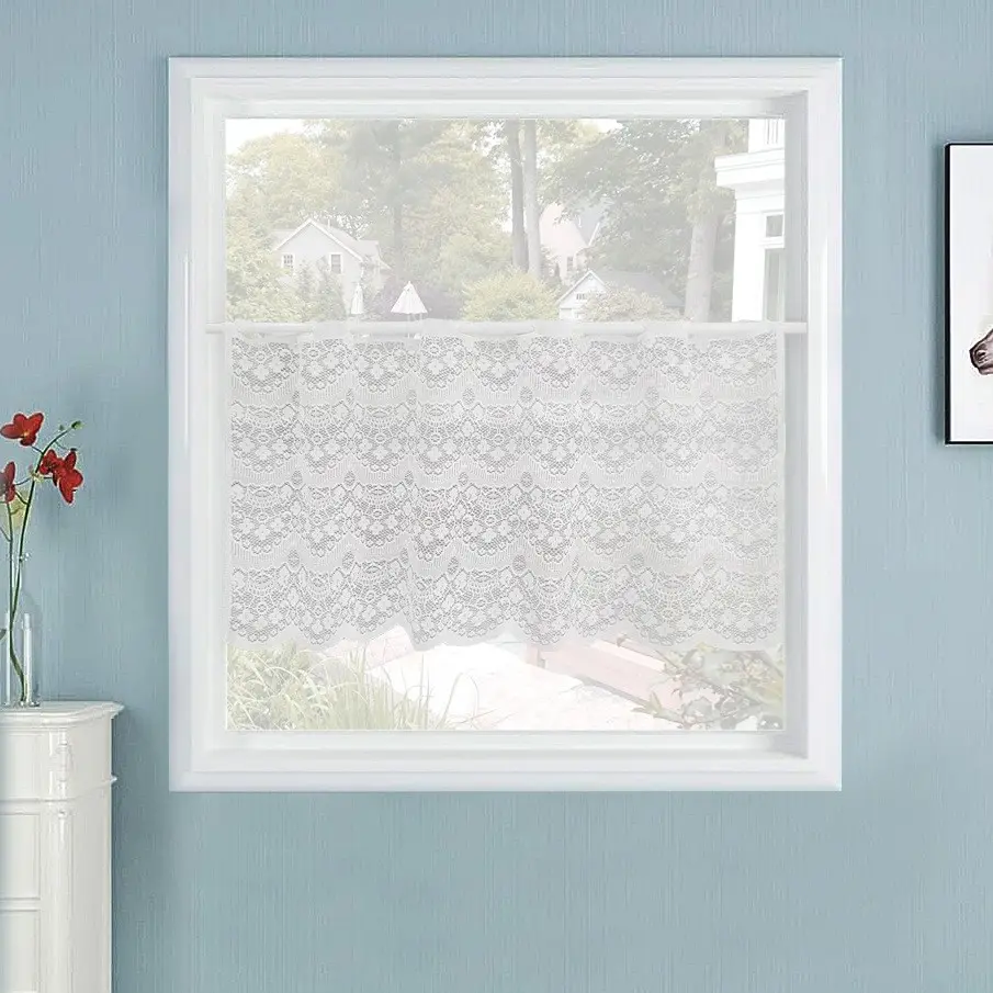 European Style Knitted Lace Curtain Rod Pocket Short Kitchen Window Drapes, Cabinet Glass Privacy Cafe Curtains