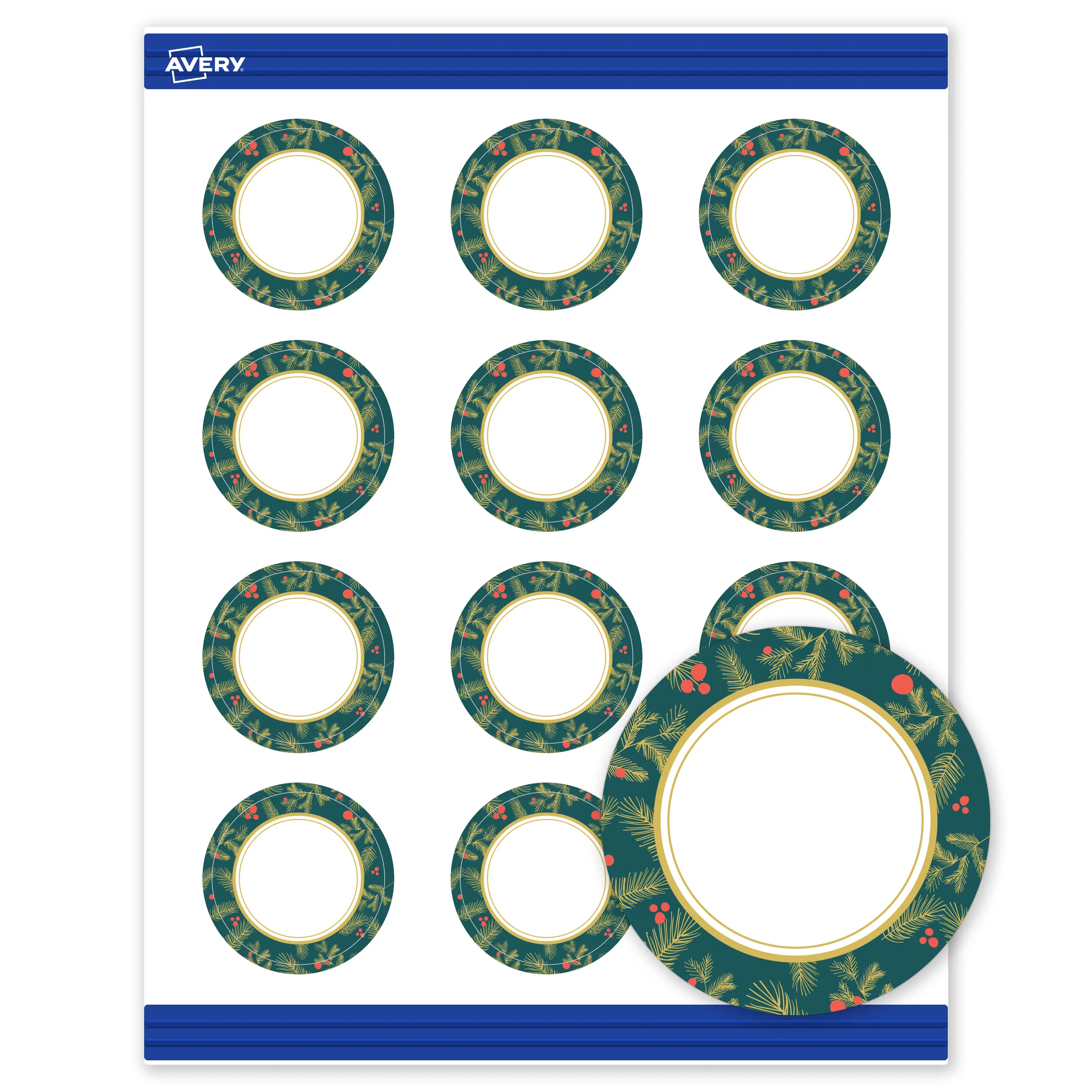 Avery® Printable Christmas Business Cards with Sure Feed® Technology, Round, 2" Diameter, Pre-Printed Teal & Metallic Gold Border with Holly Design, Matte White, Laser & Inkjet Compatible, 120 Total