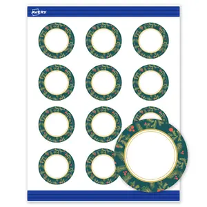 Avery® Printable Christmas Round Business Cards, 2" Diameter, Matte White, Pre-printed Teal & Metallic Gold Frame Design, Sure Feed® Technology, Laser & Inkjet Compatible, 240 Total