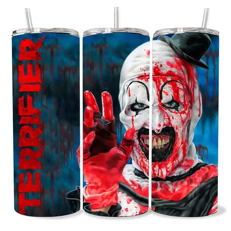 Terrifier 20 oz Tumbler - BPA Free, Stainless Steel, Leak Proof, Clear Lid, Includes Straw