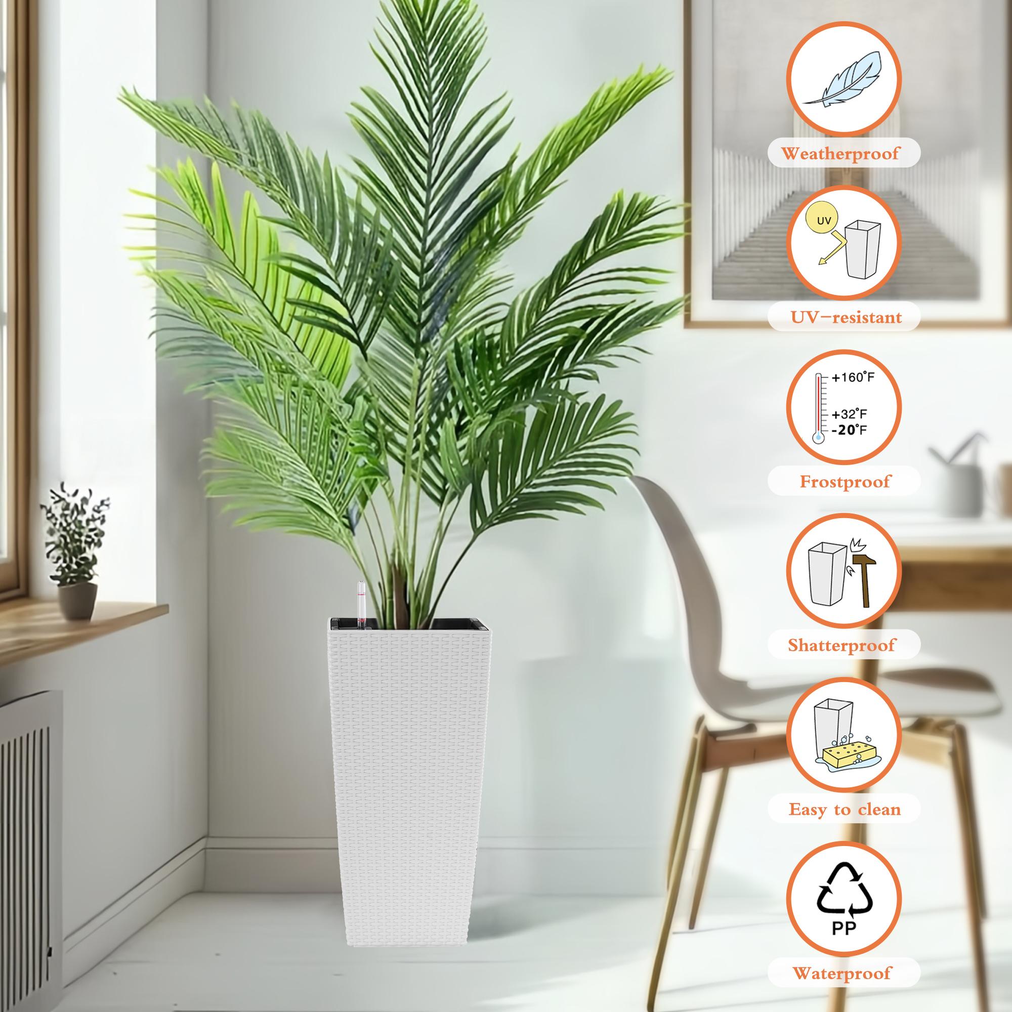 22 Inch High Pack of 2 Large Square Faux Rattan Planters, Self-Watering Flower Pots with Automatic Watering System & Drainage, Modern White Decorative Planter for Indoor Outdoor Use, Perfect for Porch, Patio, Backyard, Garden