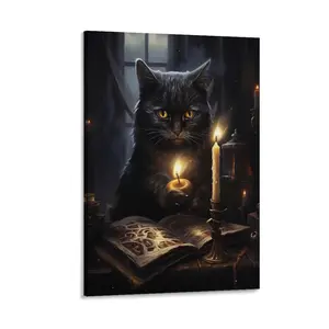 Funny Black Cat Holding A Burning Fruit-Shaped Candle – Quirky Halloween Background with A Disgusting Magic Book, Unique Pet Wall Decor Canvas Art for Festival Celebrations. Canvas Poster Decoration Frames Ornaments Room Hanging