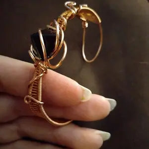 Handcrafted Copper Bracelet with Jet Pyramid Stone Unique Wire Wrapped Design for Women
