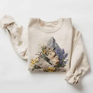 Retro Pika Alpine Summer Wildflower Scene Sweatshirt - 90s Cute Pika Rocky Nature Outfit - Wildlife Lover - Boho Unisex Crewneck Sweatshirt - Lauriel Designs  LE
