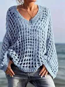 Women's Casual Loose V-Neck Knitwear Top, Hollow Out Design, Polyester Knit Fabric, Hand Washable, All Seasons, Summer Wear, Everyday & Vacation Clothes