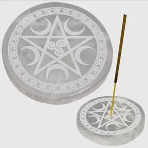 Selenite Pentacle Incense Holder Round w/ 3.5" Diameter - Home Fragrances