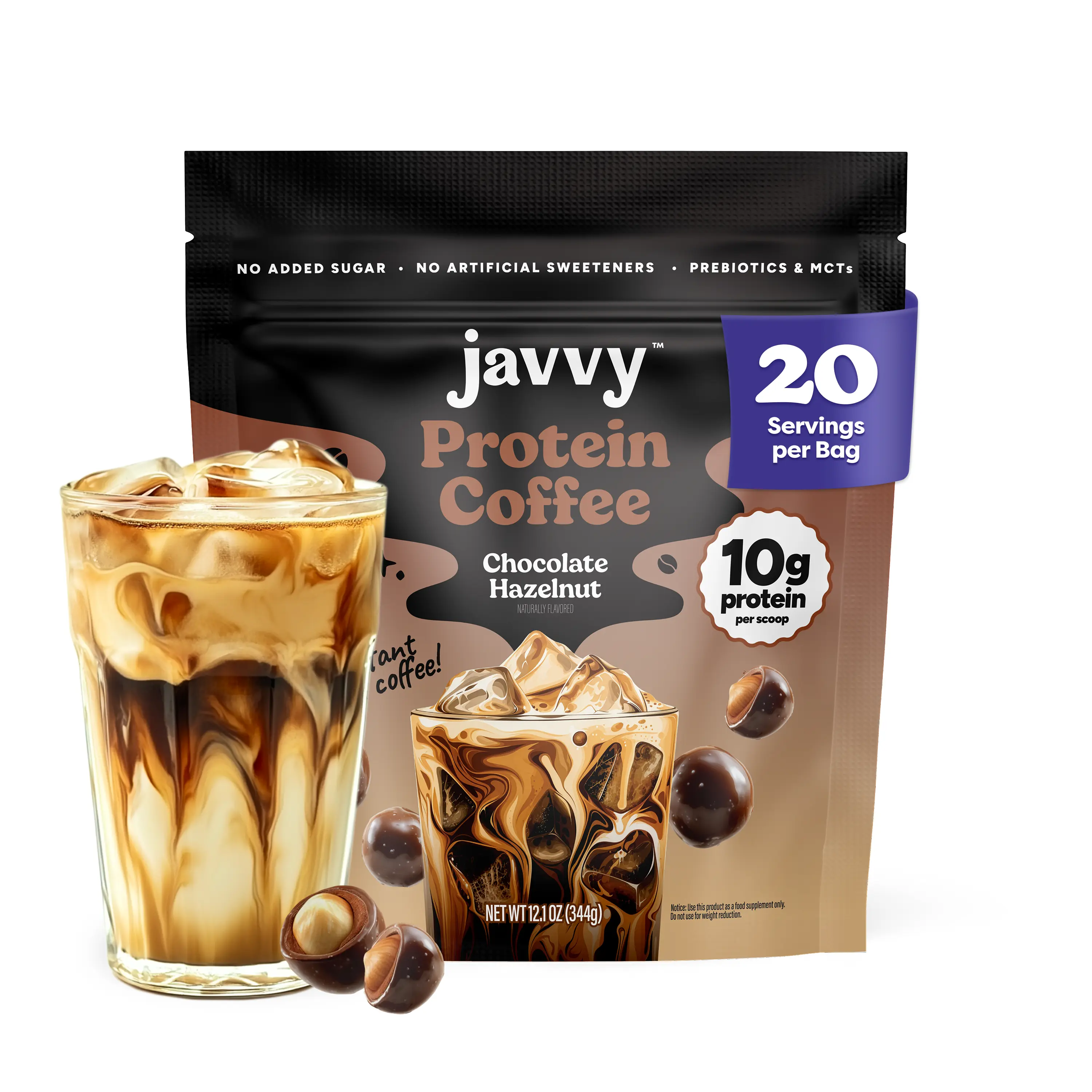 Javvy Chocolate Hazelnut Protein Iced Coffee - Premium Whey Protein & Instant Iced Coffees - 100% Natural Cold Brew - Zero Artificial Flavors & Sweeteners, 80 mg Caffeine, No Added Sugar, 20 Servings